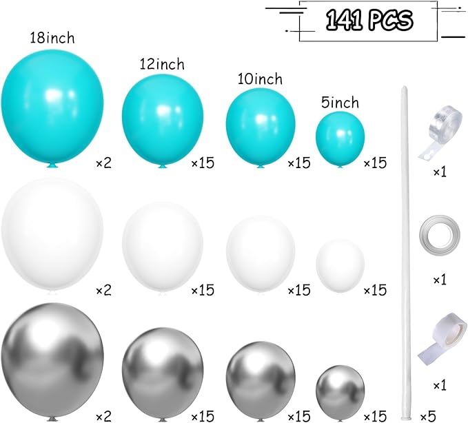 Teal Blue Silver White Balloons Garland Arch Kit, 141Pcs Latex Balloons Different Sizes 18 12 10 5 Inch for Birthday Party Graduation Baby Shower Wedding Holiday Balloon Decoration