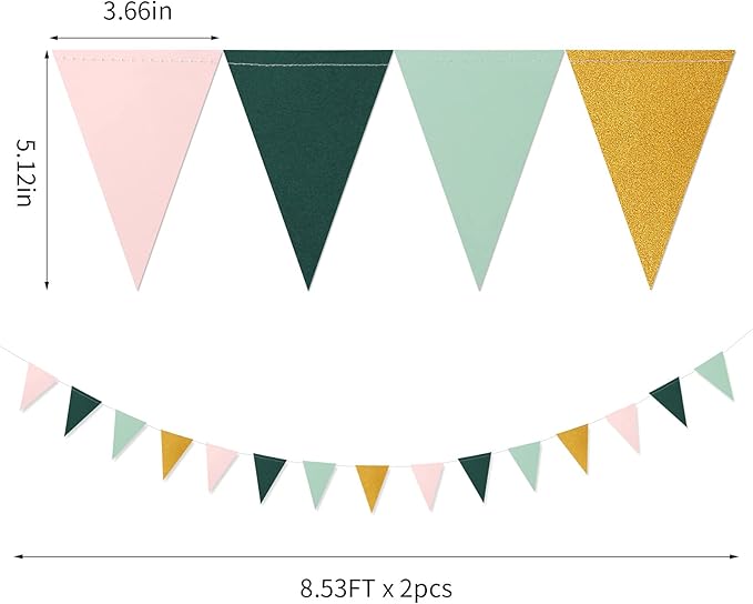 Sage Green Pink Gold Pennant Banner,2 Pack Paper Triangle Flags,Baby Bridal Shower Safari Birthday Tropical Jungle Party Decorations Wedding Bachelorette Engagement Bunting Lasting Surprise