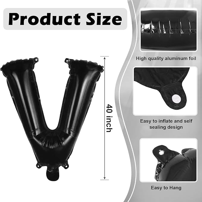 Black Letter V Balloons, 40 Inch Large Foil Letter Balloons, Custom Phrase Balloon for Birthday Party Wedding Anniversary Decoration (Black V)