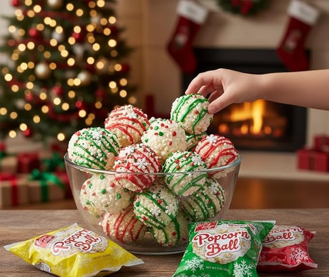 Fun Express Christmas Popcorn Ball Snack Packs - 18 Individual Bags of Sweet Holiday Treats | Perfect Stocking Stuffers, Party Favors & Goodie Bag Fillers for Kids & Adults | Festive Red & Green