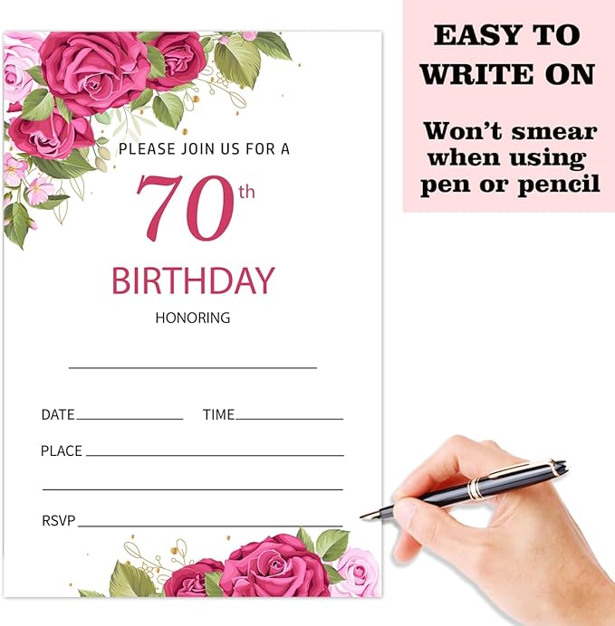70th Rose Floral Birthday Invitation Cards for Women Men, 70 Years Old Birthday Invites for Adult, Party Supplies Favors, 20 Cards With 20 Envelopes -09