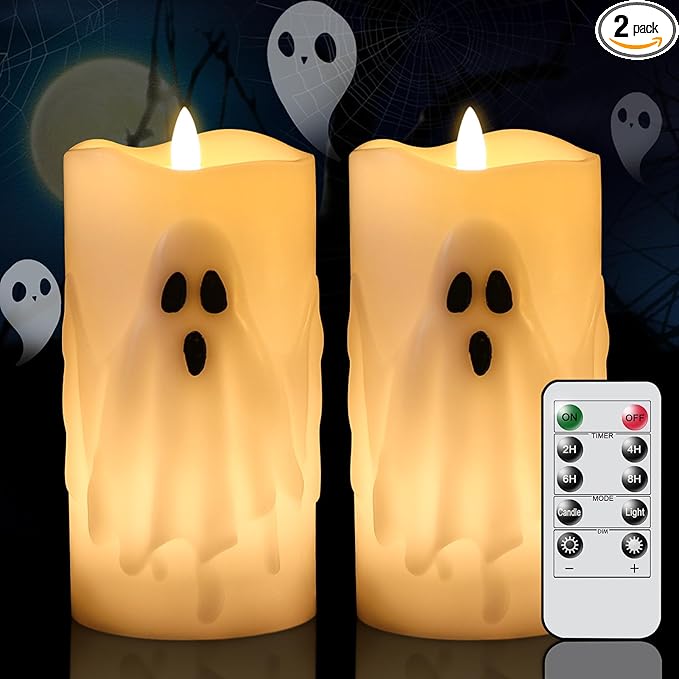 Halloween Ghost Flameless Pillar Candles with Remote Timer, Battery Operated LED Candles for Halloween Decorations Indoor Halloween Home Decor Gifts (2 Pack, 3” x 6.5”)