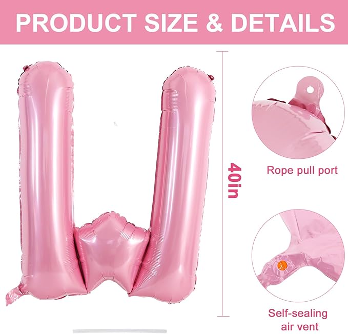 TONIFUL 40 Inch Large Pink Letter W Balloons Giant Foil Mylar Alphabet Balloon for Birthday Party Anniversary Baby Shower Wedding Supplies Decorations