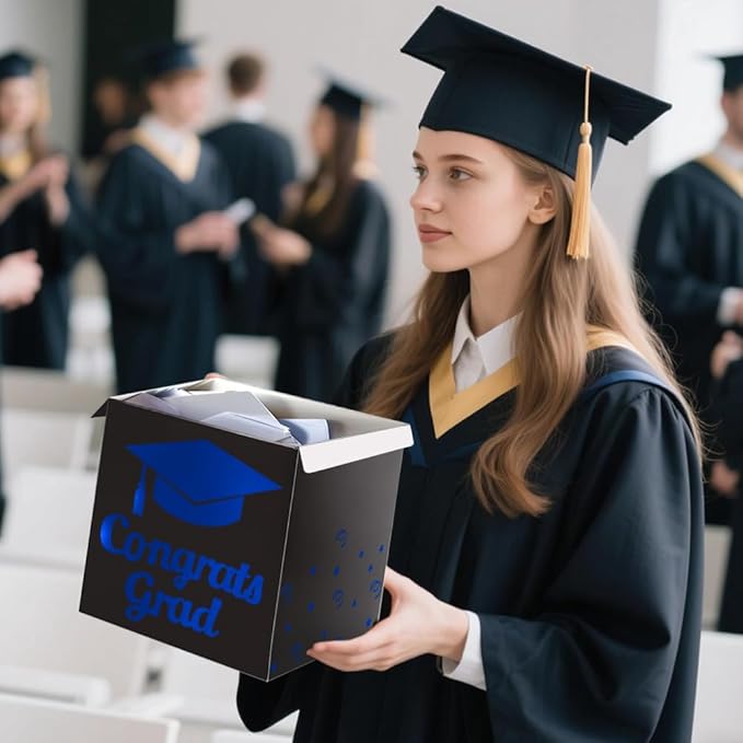 Graduation Card Box Holder, Congrats Grad Foldable Cardboard Decorations Box for Graduation Party Decoration and Grad Parties (Black-blue)