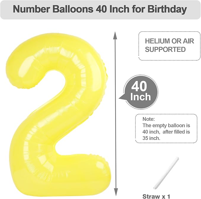 40 Inch Birthday Number Balloons, Yellow Numbers Balloon for Birthday Party Decoration, Foil Number Two Balloon for 2, 12, 23, 32, 2026 Celebration, Graduation, Baby Shower, Anniversary Decor