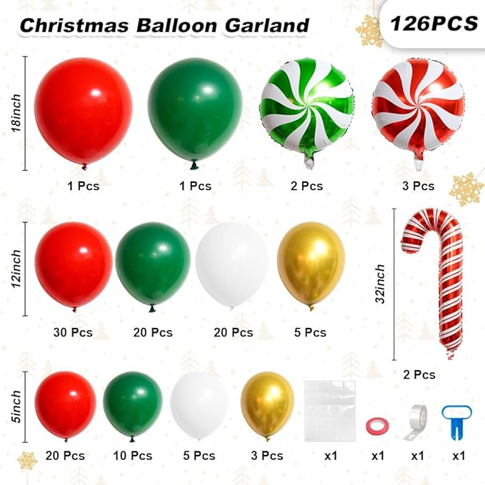 Christmas Decorations Balloons Arch Kit - 126 PCS Red Green White Gold Confetti Xmas Foil Balloons Candy Cane Balloon Garland Arch Kit for Xmas Christmas Decorations Holiday New Year Party Supplies