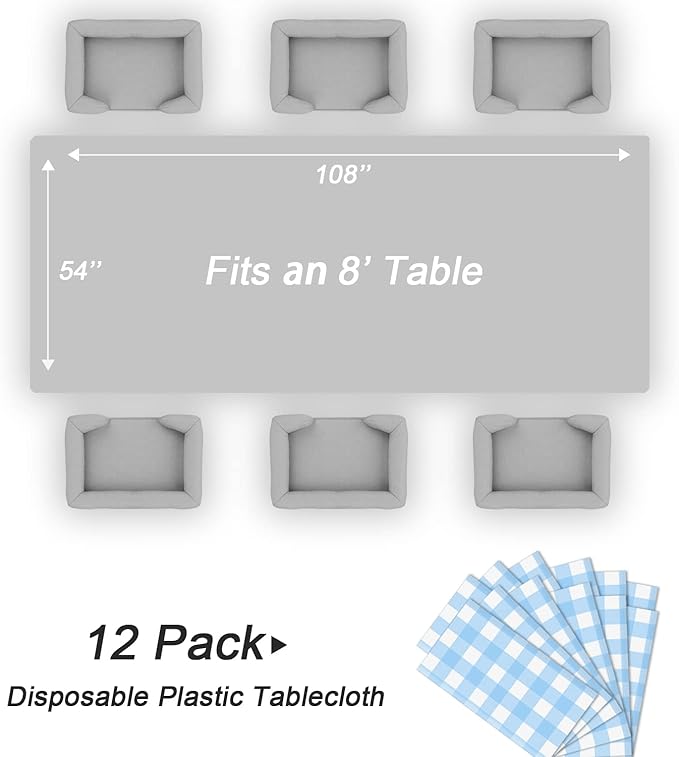 QIKSION Light Blue Gingham Tablecloth Disposable 12 Pack, 54 x 108 Inch Blue and White Checkered Table Cloth for Baby Shower, Easter Decorations, Birthday Party, Rectangle, Plastic Table Cover
