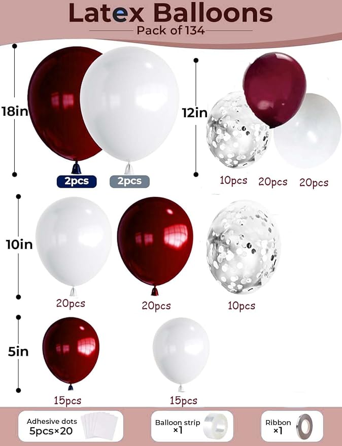 Maroon Graduation Party Decorations/Graduation Decorations Maroon White 2026/Burgundy Balloon Arch Kit, Burgundy White Silver Confetti Balloons 134pcs/Birthday Wedding Bachelorette Party Decor