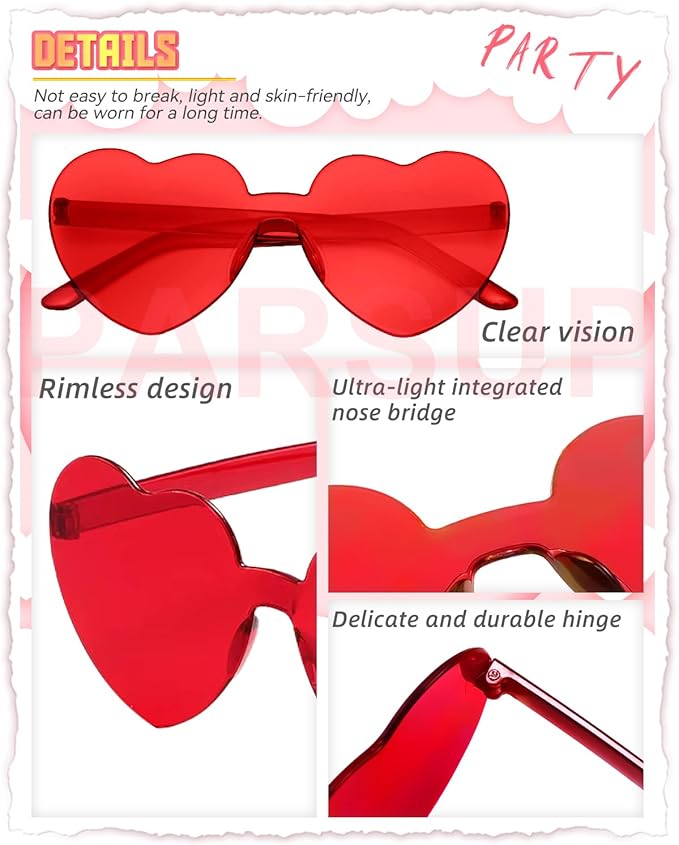 PARSUP 15 Pairs Heart Shaped Rimless Glasses Frameless Heart Sunglasses Transparent Red/Rose Red/Pink Color Glasses Tinted Eyewear Bachelorette Party Favors Photo Booth Props
