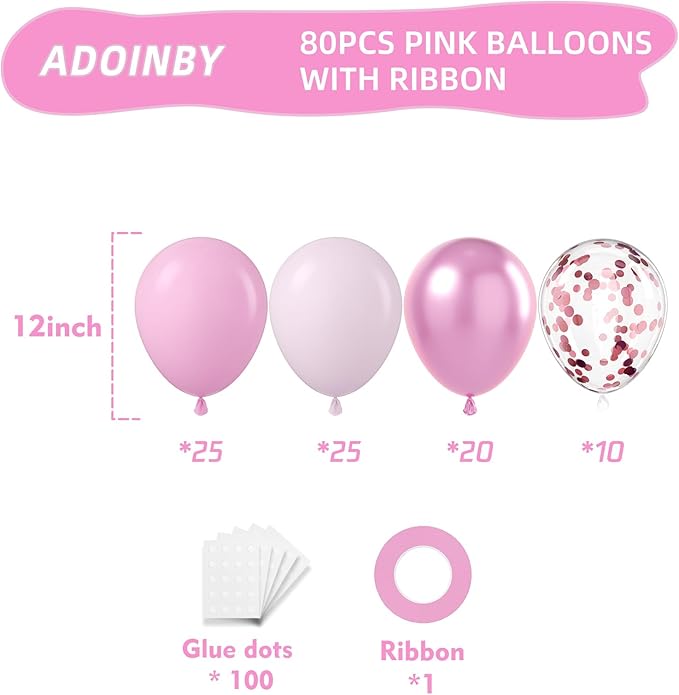 Pink Balloons Metallic Pink Balloons, 80Pcs 12inch Chrome Pink Light Pink Latex Confetti Balloon for Girl Birthday Princess Baby Shower Wedding Galentine's Day Valentine's Party Decoration