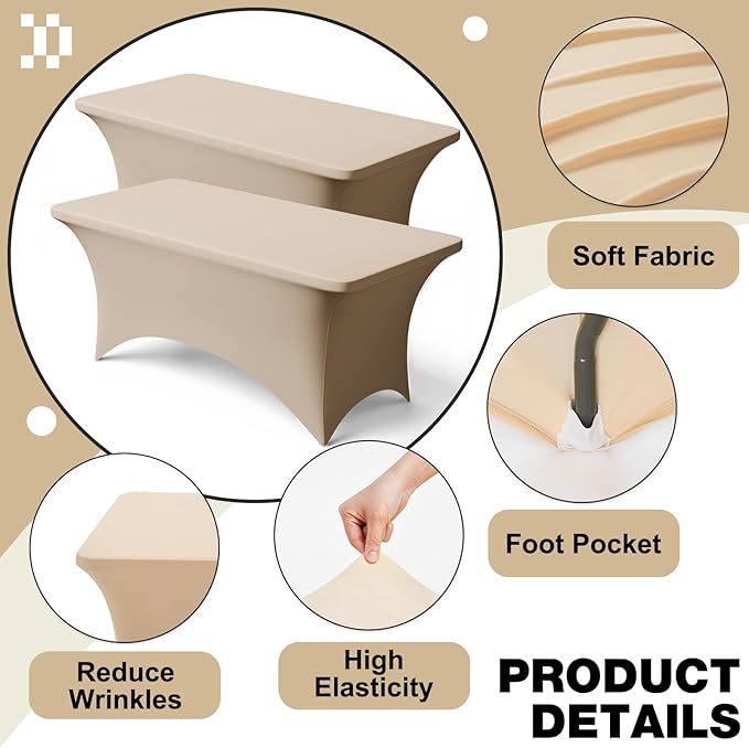Trlyc 2 Pack 4FT Spandex Table Cloth - 48 x 30 Inch Rectangular Stretch Tablecloth, Wrinkle Resistant Scretch Table Cover for Wedding, Party, Banquet, Picnic, Outdoor Decoration (2Pcs,Champagne)