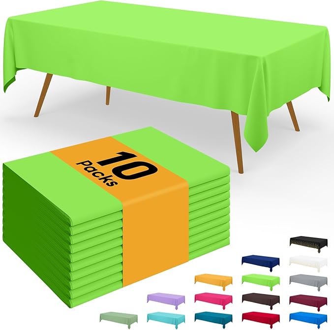 Smiry Disposable Table Cloth - 10 Pack, 54 x 108 Inch Waterproof Rectangle Tablecloths for Parties, Decorative Plastic Table Cover, Leakproof & Sturdy, Lime Green