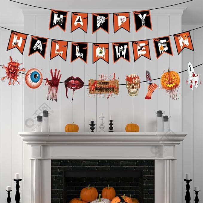 Halloween Party Decorations Set Including Happy Halloween Banner, Hanging Swirl, Pumpkin Skull Ghost Horror Banner Balloons for Indoor Decorations
