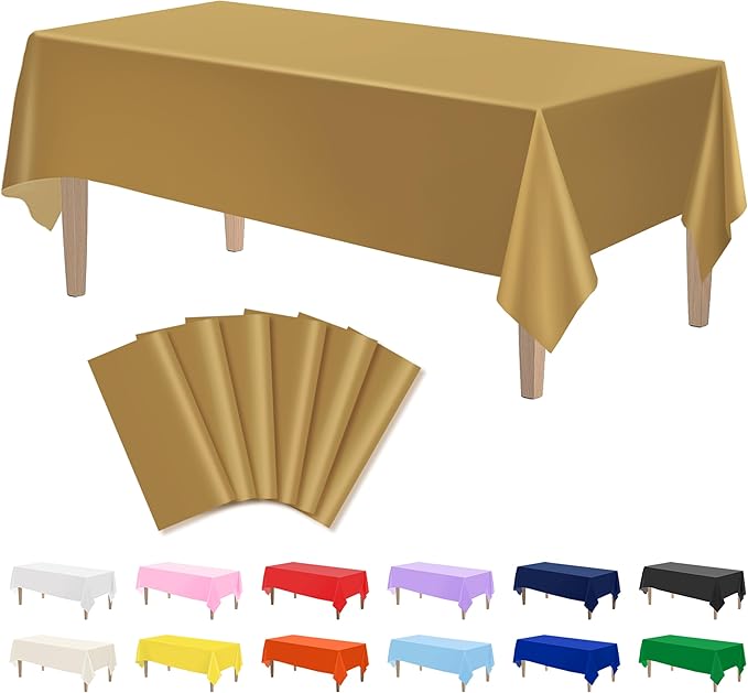 Kopokita 6PCS Gold Plastic Tablecloths 54 x 108 Inch, Disposable Table Cloths Rectangle Party Table Covers