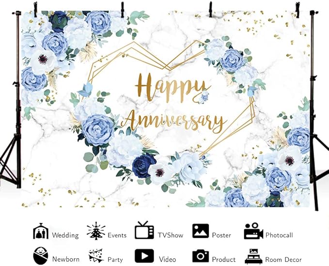 MEHOFOND 7x5ft Happy Anniversary Backdrop Blue and White Floral Wedding Anniversary Photography Background Hearts Geometric Couple Wedding Women Birthday Party Cake Smash Decor Studio Photo Props