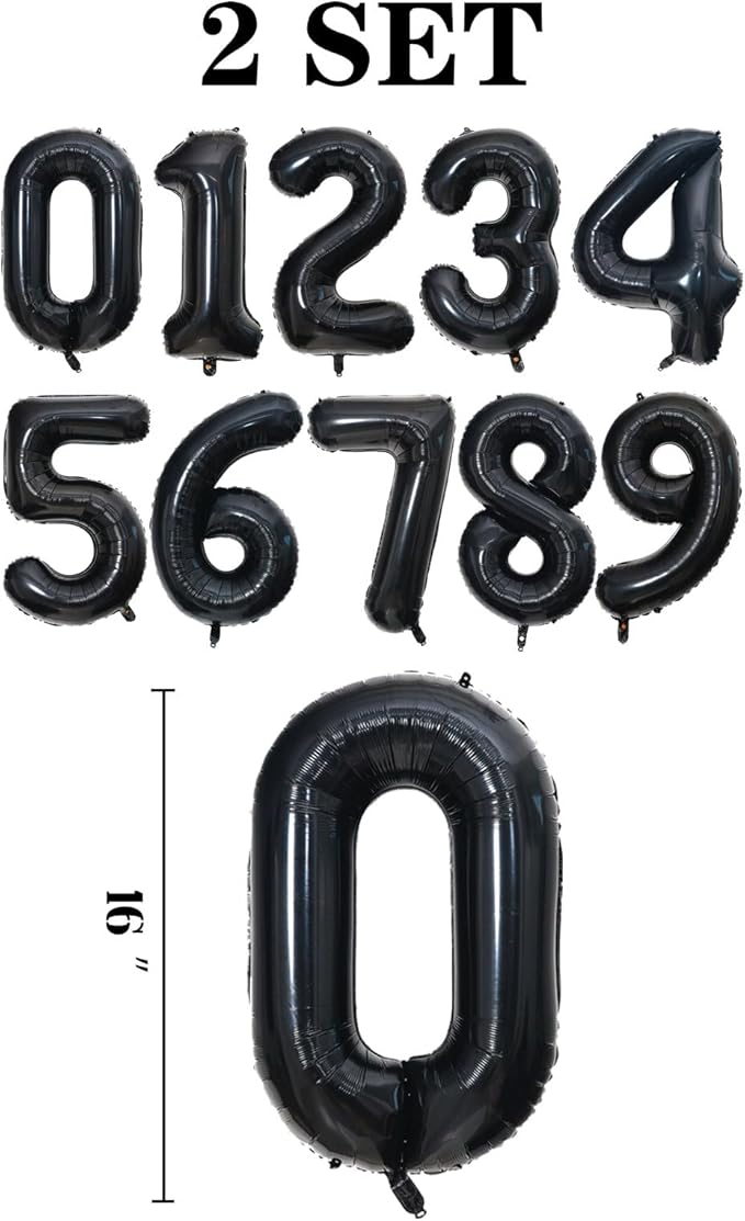 2 Set 20 Pcs 0-9 Black Number Balloons 16 Inch Black Number Mylar Foil Balloons Custom Digital Balloons for Birthday Party Engagement Graduations Anniversary Baby Shower Decor Party Supplies