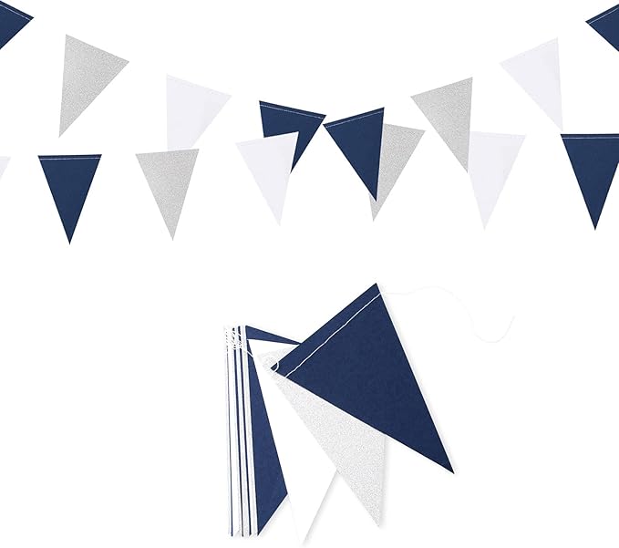 Navy-Blue White-Silver Party Decorations Banner - 2 Pack Men Birthday Graduation 2024 Glitter Sprinkles Paper Pennant Triangle Flags, Fathers Day Wedding Baby bridal Shower Bunting Lasting Surprise