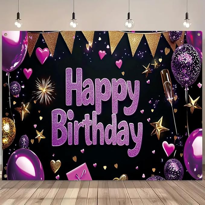 Birthday Banner 71 x 43 Inch, Large Happy Birthday Party Backdrop, Purple and Gold Glitter Birthday Decorations for Women Girls