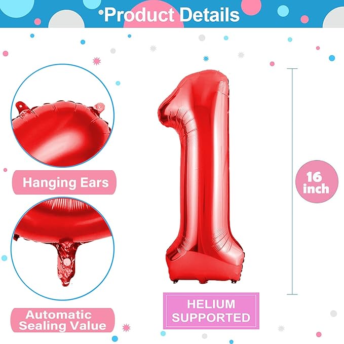 Number Balloons 16 Inch Mylar Foil Number 0-9 Balloons Set for Party Decoration Custom Digital Balloons 10 Pieces Party Supplies (Red)