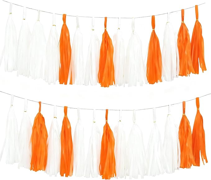 Orange White Tissue Paper Tassel, Orange Party Decorations for Birthday, Baby Shower,Bridal,Sport Game,Graduation,Halloween 20 Pack