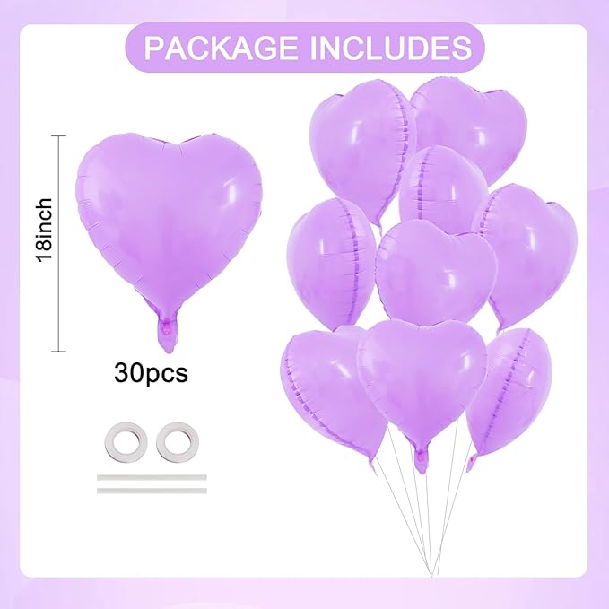 TONIFUL 30Pcs 18 Inch Pastel Purple Balloons Purple Heart Shape Foil Mylar Banners Decoration for Birthday Valentine's Day Wedding Bridal Shower Anniversary Engagement Party Supplies