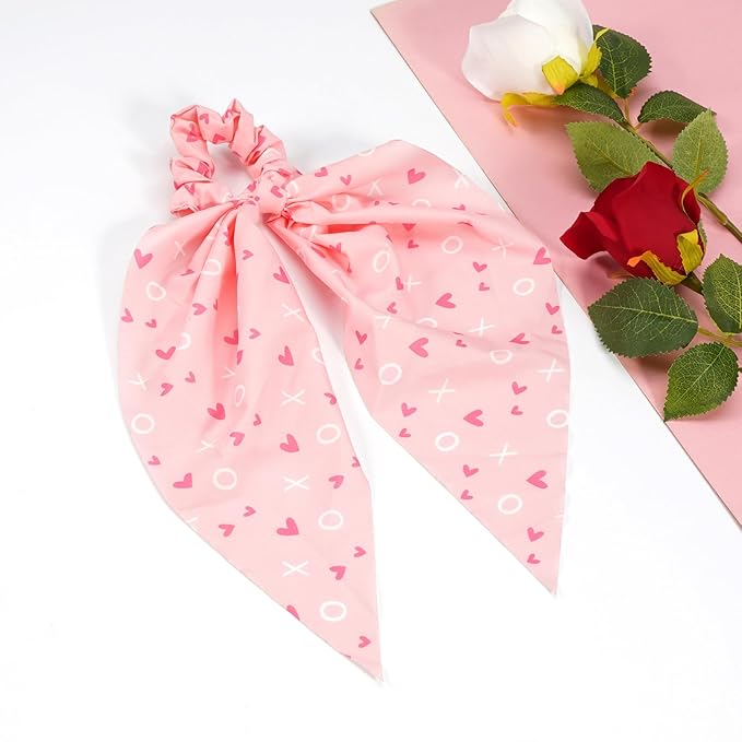 Valentines Hair Ties for Woman Girls Red Heart XOXO Ribbon Valentine's Day Hair Scrunchies Elastic Pink Love Hair Tie Party Supplies Hair Accessories 2PCS