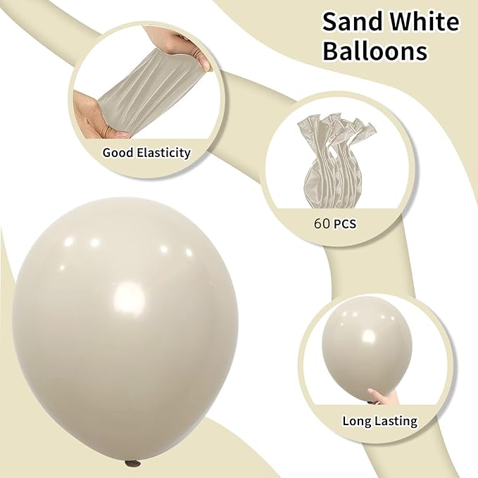 White Sand Balloons 12inch, 62pcs Nude White Latex Balloons, Matte Off White Cream Beige Balloon for Party Decorations Supplies or Arch Decor, Helium Balloons for Birthday, Wedding, Baby Shower