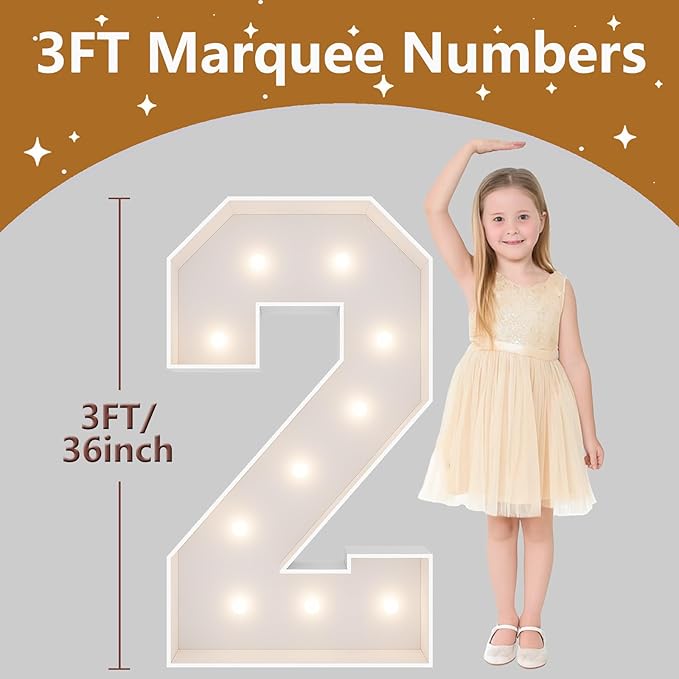 3FT Marquee Light Up Numbers, Giant Marquee Numbers, Pre-cut DIY Foam Board Number 2 for 12th 20th 21st Birthday Decorations, Anniversary Party Decor, 2 Year Old Party Decorations