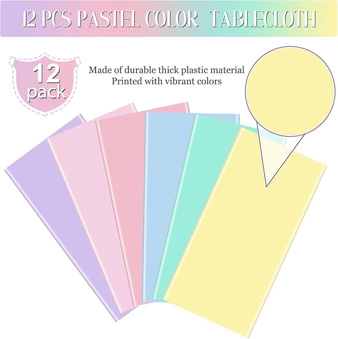 12Pack Pastel Color Tablecloths,Plastic Mix Color Tablecloth Disposable Rectangle Table Covers for Baby Shower, Wedding, Birthday Party, Easter and Ice Cream Party Decoration,6 Color, 54 x 108 Inch