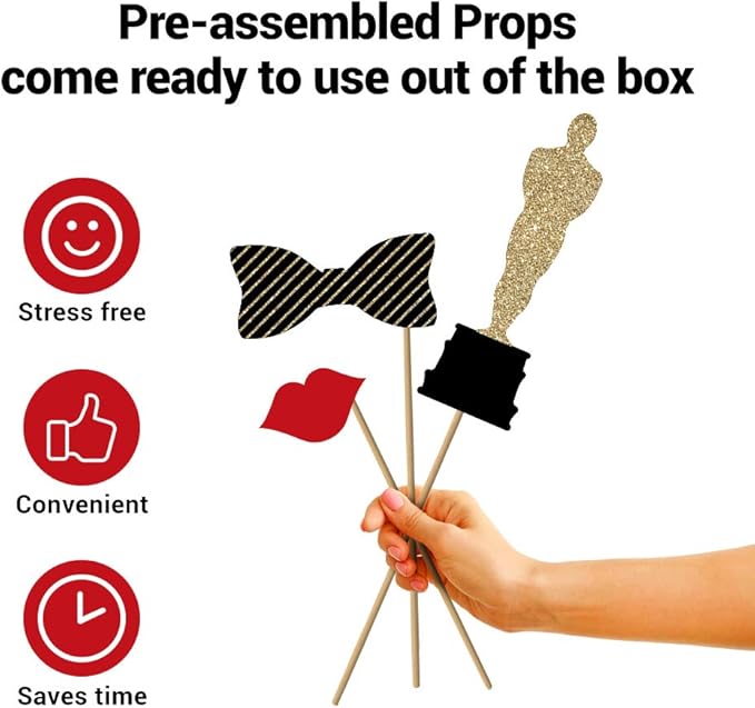 Fully Assembled Hollywood Photo Booth Props - Set of 27 - Black Gold Red Selfie Signs - Movie Night Themed Party Supplies & Decorations - Cute Oscars Designs with Real Glitter - Did We Mention No DIY