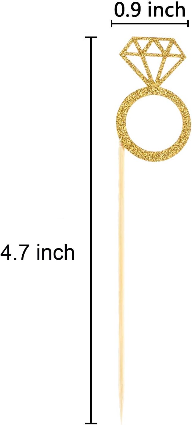 50 Pack Cupcake Toppers Gold Glitter Mini Diamond Ring Cakes Toppers for Marriage Engagement Anniversary Birthday Valentines Party Cake Decor