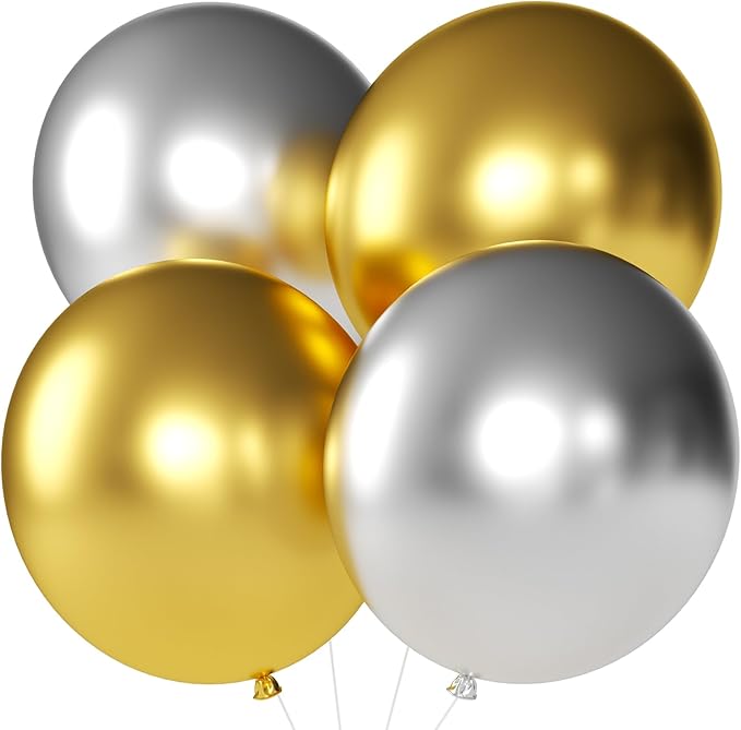 KALOR Metallic Gold and Metallic Silver Giant Balloons 36 Inch Large Latex Balloons, 4 Pack Jumbo Round Helium Balloon for Birthday Bridal Shower Wedding Baby Shower Party Decorations