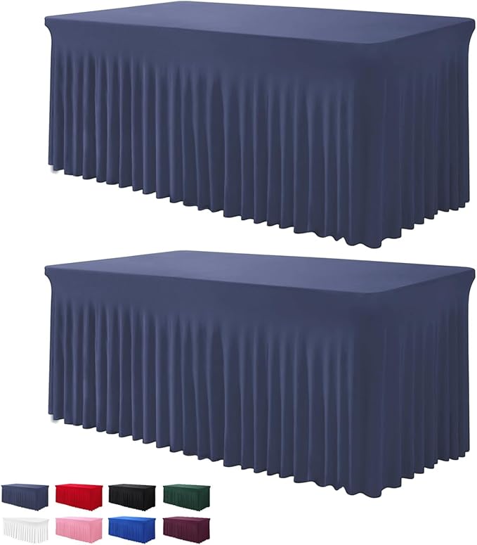 Table Skirts for Rectangle Tables 6ft - 2 Pack One-Piece Navy Blue Tablecloths and Skirt, Wrinkle Resistant Ruffles Elastic Cover for Banquets, Weddings, Events, Parties