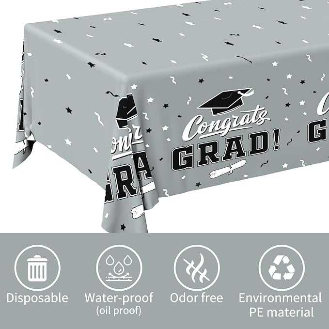 Gatherfun Graduation Party Decorations, Gongrats Grad Tablecover for Graduation Party Supplies, 3 pcs Silver Table Cloths, 54"x108"