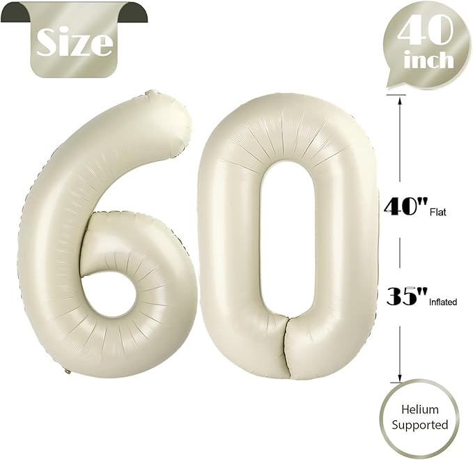 60 Balloon Number, Cream Number 60th Birthday Balloons 40 Inch, 60 Years Old Cream Birthday Decorations for Men Women, 60th Anniversary Decorations