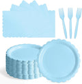 105PCS Paper Plates and Napkins Set,7 Inch Scalloped Disposable Tableware with Forks for Birthdays, Garden Parties & Outdoor Events,Serves 35 (Light Blue)