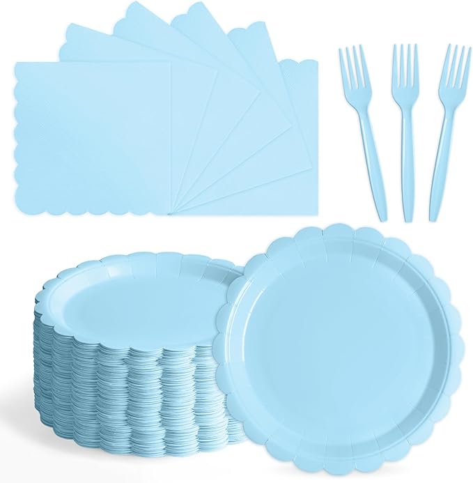 105PCS Paper Plates and Napkins Set,7 Inch Scalloped Disposable Tableware with Forks for Birthdays, Garden Parties & Outdoor Events,Serves 35 (Light Blue)