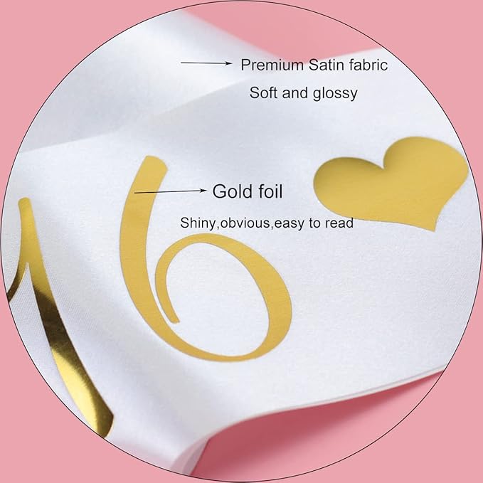 Sweet 16 Sash for Girls,16th Birthday Sash White with Gold Foil Lettering.
