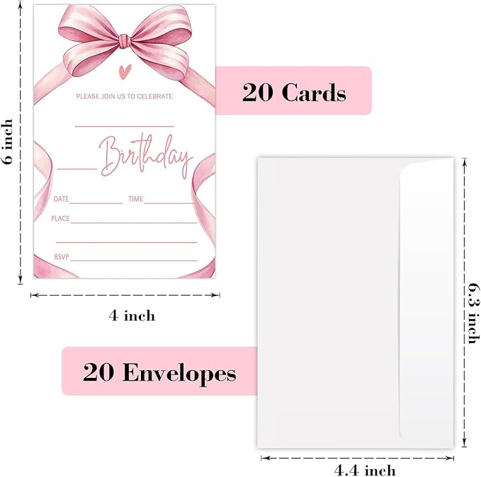 Pink Bow Birthday Invites Cards Party Invitation Cards for Girls Kids Adults Party Invitations 4x6 Inch Blank Invitations with Envelopes 20 Pcs Double Sided Invitation Card for Girls Birthday YT0080