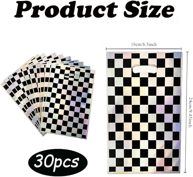 OasiZephauride 30PCS Race Car Party Favors Bags,Iridescent Black and White Party Goodie bags,Checkered Gift Bags with Handles for Kids Birthday Candy Treat Bags, Car Themed Party Supplies