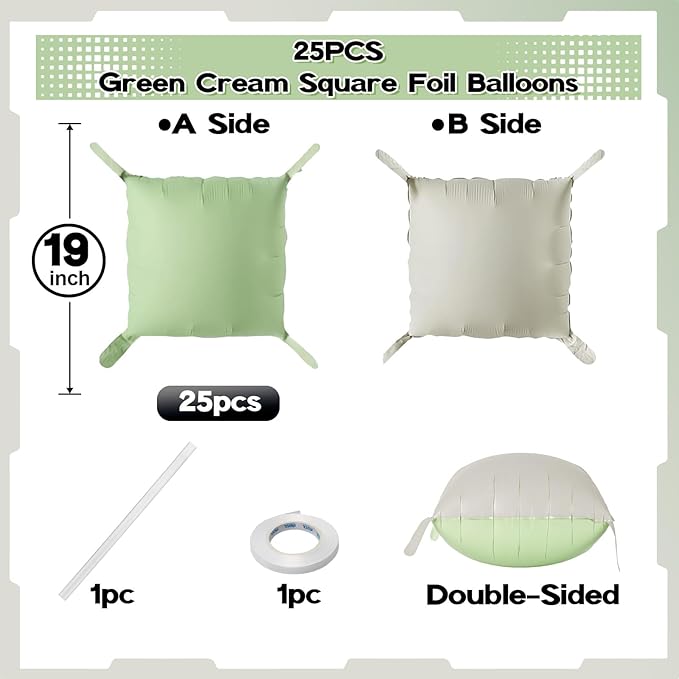 Sage Green Square Foil Balloon Wall, 25PCS Double Sided Mint Green and White Square Balloons Backdrop, Foil Balloons Flat Tunnel Background for Boho Birthdays Baby Shower Jungle Safari Theme Wedding