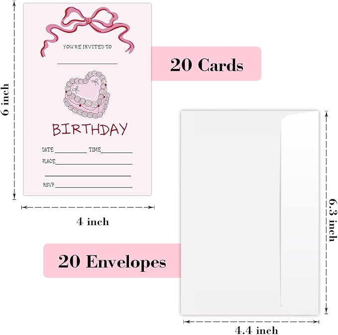 Pink Bow Birthday Invites Cards Party Invitation Cards for Girls Kids Adults Party Invitations 4x6 Inch Blank Invitations with Envelopes 20 Pcs Double Sided Invitation Card for Girls Birthday YT0084