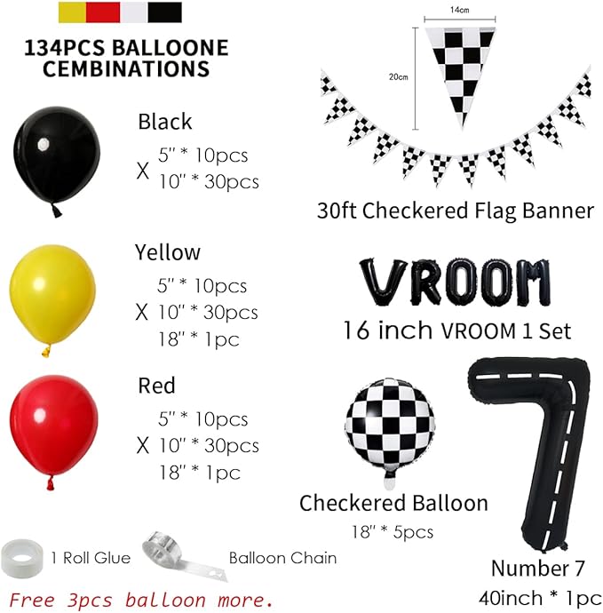 134pcs Race Car Balloon Birthday Party Supplies Decorations for Boys - Racing car Theme Party Supplies Happy Birthday Racecar Number Balloons Garland Kit Birthday Party (Arch, 7)