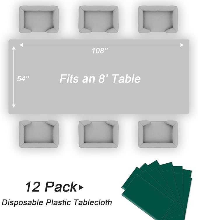 QIKSION Dark Green Plastic Table Cloth Disposable 12 Pack, 54 x 108 Inch Tablecloths for Party, Christmas Decorations, Rectangle Table Cover