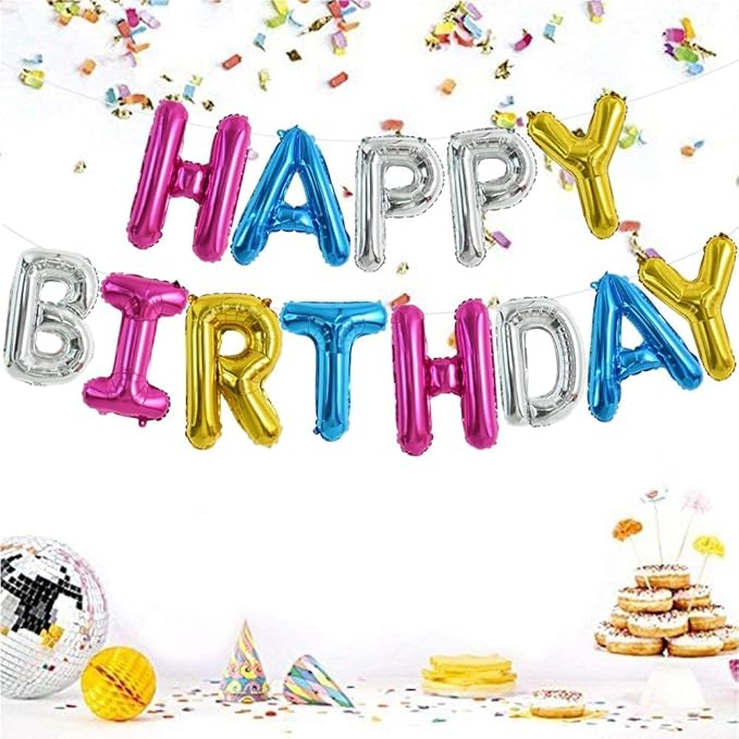 TONIFUL 16 Inch Mylar Letters Birthday Sign Banner Balloon,Happy Birthday Balloons Banner with Ribbon Straw Bunting Reusable for Adults & Girls Boys Kids Birthday Halloween Supplies（Rainbow）