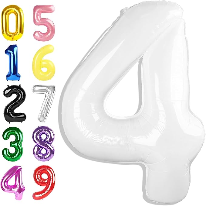 Balloons Number, 40 Inch Foil Balloons 4th Birthday Decorations Girl, White Number 4 Ballon for 4, 14, 24, 40 Celebration, Birthday, Christmas, Anniversary Decor