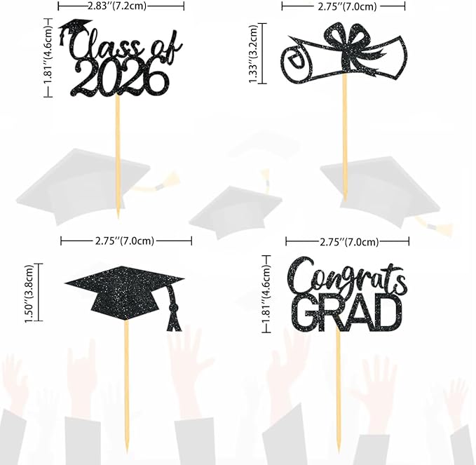 2026 Graduation Theme Cupcake Toppers Glitter Class of 2026 Graduation Cap Diploma Cupcake Picks - Set of 24 (Black)
