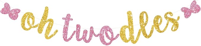 Glitter Pink Gold Oh Twodles Banner Pre-Strung Mouse Themed Cartoon Party Sign Garland 2nd Baby Birthday Decorations Birthday Party Supplies for Boys Girls,NO DIY