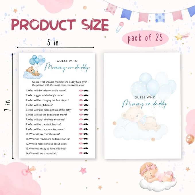Guess Who Mommy or Daddy Game Cards, Blue Bear Party Games for Boy, 25 Pcs 5x7in Sheets, Fun Gender Reveal Activity & Baby Boy Celebration Supplies - B02