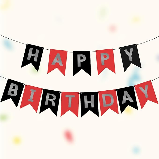 Red Silver Black Happy Birthday Banner Sign Happy Birthday Bunting Banner Garland for Kids Girl Woman Birthday Tea Party Decorations Bunting Flag Birthday Party Supplies